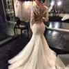 Stunningbride 2024 Trumpet/Mermaid V-neck Long Sleeves Court Train Tulle Applique Lace Wedding Dresses Illusion Back Bridal Gown with Pick Up Skirt