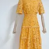Sukienki retro do damskiej szaty z krótkim rękawem stojak na szyję w talia szczupła średnia długość A-linia pusta koronkowa sukienka Sukienka Summer