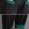 Calças de brim retalhos baggy jean elástico cintura alta denim capris perna larga calças femininas jogger harem calças casuais vaqueros coreano pantalones