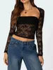Women's T Shirts Women Summer Y2k Square Neck T-Shirts Long Sleeve Lace Sheer See Through Crop Tops Tanks Slim Fits Aesthetic Clothes