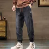 Jeans pour hommes coton doux cordon pantalon droit taille élastique Vintage pantalon décontracté mâle grande taille M-5XL