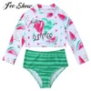 set 2Pcs Swimsuits Summer Cute Kids Girls Watermelon Letter Print Swimwear Long Sleeve Swim Top Bikini Bottoms Tankinis Set Swimsuit