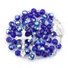 Beaded Necklaces Dark Blue Glass Crystal Catholic Rosary Necklace Christ Cross Rosary302k