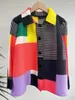 Blouses des femmes miyake plissé de couleur contrastée de couleur géométrique imprimée femme revers à semelles simples à trois quarts