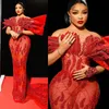 African Nigeria Plus Size Prom Dresses Long Red Tulle Mermaid Lace Beaded Evening Formal Dress for Special Occasions Black Girls Birthday Party Gown AM265