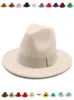 Fedora Winter S for Women Ribbon Band Men039s Hat Wide Brim Classic Beige Wedding Church Cap Chapeau Femme1278466