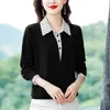 Spring Summer Tee Shirt Women's Clothing Long Sleeve Loose Turn down Collar Striped Button Patchwork Elegant Fashion Casual Tops 231222