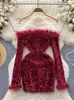 Casual Dresses Off The Shoulder Sexy Dress Women Sequin Feather Tight Bodycon Summer Long Sleeve Club Party Vestidos