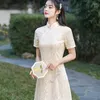 Etniska kläder Elegant traditionell mandarin krage rospärlor chiffong qipao sommar korta ärmar a-line cheongsam retro kinesiska kvinnor