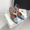 Amina Muaddi Womens Sandals 가죽 단독 디자이너 하이힐 10cm 블랙 핑크 다이아몬드 체인 장식 연회 여성 신발 실크 웨딩 섹시 공식 슬리퍼와 상자