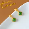 Dangle Earrings Small Ear Studs Women's And Simple Sterling Silver Exquisite Green Vintage Square Natural Jasper Gem