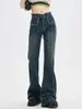 Americano retro cintura baixa reta bootcut jeans estilo cintura botão design solto floorlength esfregar calças para mulher 231225
