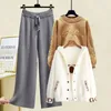 Winter women s warm three piece set lamb wool sweater imitation mink fur coat knitted straight leg wide pants 231225