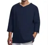 Herren Polos Baumwolle Leinen Langarmhemden Sommer Einfarbig Stehkragen Lässiger Strandstil Plus Size Man Tops