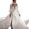 Ruched Princess A Line Wedding Dress Long Sleeves Sexy Illusion Back Lace Appliques High Neck Ivory Bridal Gowns Modern Bohemian Beach Vestidos De Novia 2024