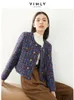 VIMLY Chaqueta recortada de Tweed para mujer Otoño Invierno elegante contraste a cuadros abrigo de lana corto prendas de vestir exteriores con doble botonadura 16106 231225