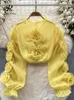 SINGREINY High Quality Organza Women Blouse 2023 Ruffles Neck Long Sleeves Loose Sweet Top Korean Style 3D Floral Sheer Shirt 231225