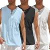 Men's T Shirts 2023 Mens Summer Tank Tops Cotton Linen Casual Sleeveless Tees Loose Lace Up O-Neck Streetwear