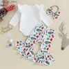 Kleidungssets für Neugeborene, Mädchen, 0–12 Monate, Kleidung, Weihnachts-Outfits, Rüschen-Langarm-Strampler mit Hosen, Stirnband-Set