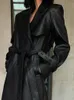 ラウタロ春秋のロングブラックソフトパス革のトレンチコート女性ベルトダブル胸クールなハンサムヨーロッパファッション231225
