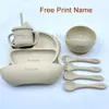 8Pcs Baby Silicone Feeding Set Round Dining Plate Sucker Bowl Dishes For Kids Personalized Name Children's Tableware Straw Cup 231225