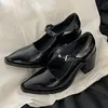 Classy Dress Shoes French Style Mary Jane High Heels with Pointed Toe a Straight Line. Women Autumn Winter Black Thick Paired Skirts Small Leather