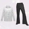 メンズパンツスパンコール服装レトロシャイニースパンコールフレア光沢のラペルパーティーパフォーマンスエンターテイナーのためのシングルブレストトップズボン