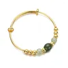 Bangle Imitatie 24 Real Gold Handstring Dames sieraden Golden vergulde ronde kralen Push en trek agaat Stone armband mode