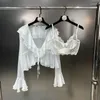 Женские блузки Borvemays Ruffles v Neck White Elegant рубашка с длинным рукавом сплошной шнурок кружевные кружевы Camis с двумя частями женщины WZ1299