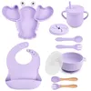 10 pezzi piatto di dinosauro in silicone per bambini con coperchio bavaglino impermeabile tazza cucchiaio di legno forchetta ciotola set nato alimentazione antiscivolo stoviglie 231225