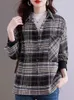Kadın bluzları retro patchwork ekose gömlek Kadınlar Down-Down yaka Sonbahar Kış Düz Düğmesi Yukarı Zarif Uzun Kollu Üstler Femme Trend