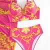 Bikinis seti yeni zarif retro baskılı bikini üç parçalı set yüksek belden seksi mayo kaplı etek ile kaplıca etek plaj tatil 231225