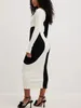 Casual Dresses Women Knit Sweater Maxi Dress Long Sleeve Scoop Neck Contrast Color Bodycon Ribbed Fall Party