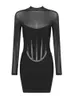 Summer Fashion Women Sexy Turtleneck långärmad mesh svart mini bodycon bandage klänning elegant kvällsklubb fest klänning 231225