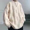 Blusas de moda masculina check design malha suéter folgado cor sólida o pescoço pullover casual streetwear homem roupas