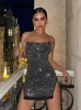 Casual Dresses Zenaide paljetter Halter Neck Slitklänning Backless Sexy Glitter Chains Bodycon Mini Party Eveing ​​Women 2023