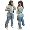 Womens Denim Pants Streetwear Zipper Fly Multi Pocket Side Cargo Straight Pant Fashion Wide Leg Loose Jeans Trousers Female