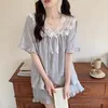 Vêtements de nuit pour femmes coréens Princesse Pyjama Mujer Couleur solide Lace Gauze Coton Set à manches courtes Shorts de maison