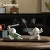 セラミックサムライナイトティーペットペット香スティック置物用テーブル装飾戦士像カンフーセラミック彫刻ホームデコレーション231225