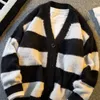 Men's Sweaters Winter Black White Striped Contrast V-neck Sweater Loose Casual High Street Knitted Cardigan Jackets Men Tops Male Clothes