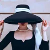 Berets moda streetstyle preto aba larga lã balde chapéu feminino vintage grande para mulheres parece audrey hepburn5307734