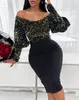 Casual Dresses Women Dress Off Shoulder Contrast Sequin Party Gigot Sleeve 2024 Long High Stretch Skinny Mid Calf Clothing