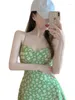 Casual Dresses Green Chrysanthemum Broken Flower Dress Women Summer Small Fresh Sexy Low Breast Suspender A-line Sweet Fashion Purity TRV4