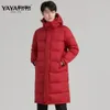 Jackets Yaya 2021 Women Puffer Jackets Standup Collar Windproof Warm Hood Winter Thick Long Goose Down Over Coat Ladies Parkas Padde