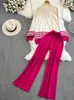 Meia gola alta listra costura pulôver camisola das mulheres coreano cintura alta em linha reta pernas largas de malha duas peças conjunto camisolas 231225