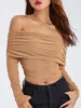 Women's T Shirts Long Sleeve Cropped Top Solid Color Off Shoulder Boat Neck Sheer Mesh T-Shirt Spring Fit Streetwear