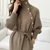 Turtleneck Buttons Laceup Autumn Winter Elegant Dresses for Women Robe Sweater Maxi Dress Female Thick Knitted Onepiece 231225