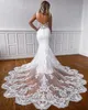 Gorgeous Lace Mermaid Wedding Dresses Bride Gown 2023 Spaghetti Straps Applique Sweep Train Covered Buttons Custom Made Plus Size Vestido De Novia