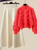 Jesienne zimowe ciepłe dzianki Dwuczęściowe zestawy dla kobiet stroje koreańskiego swobodnego skrętu swetra i zagęszczona dzianinowa spódnica 231225