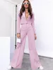 Kvinnors tvåbitar byxor Crop Topps Female 2 Pink Set Wide Leg Outfit Elegant Short Top Pant Set Women 2023 Spring Lapel Long Sleeve Button